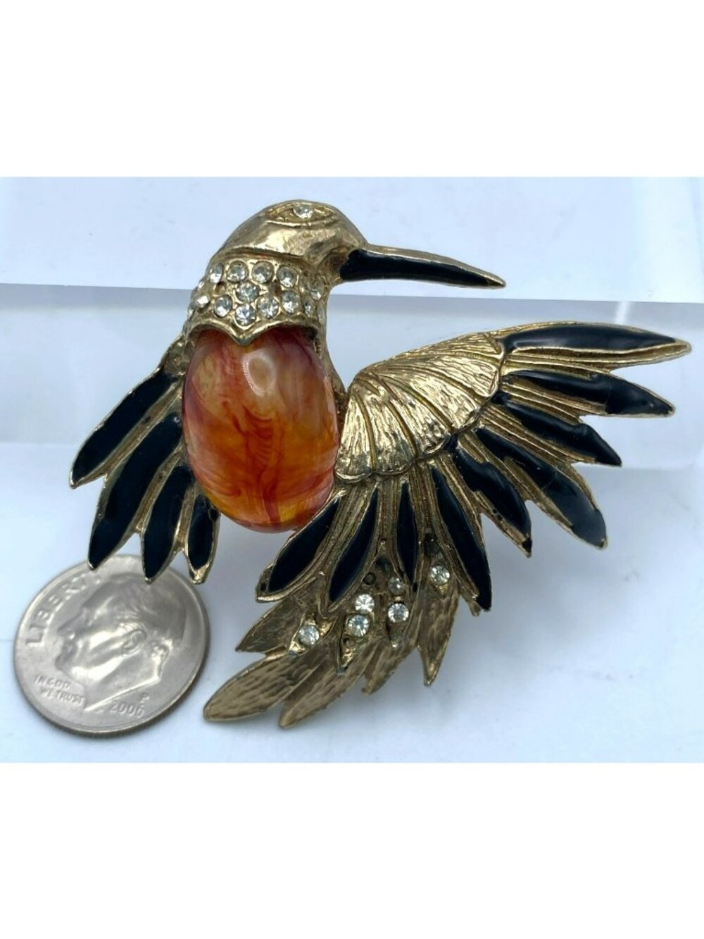 Jelly Belly Hummingbird Brooch Pin Vintage Enamel Bird Rhinestone MCM - Picture 6 of 6